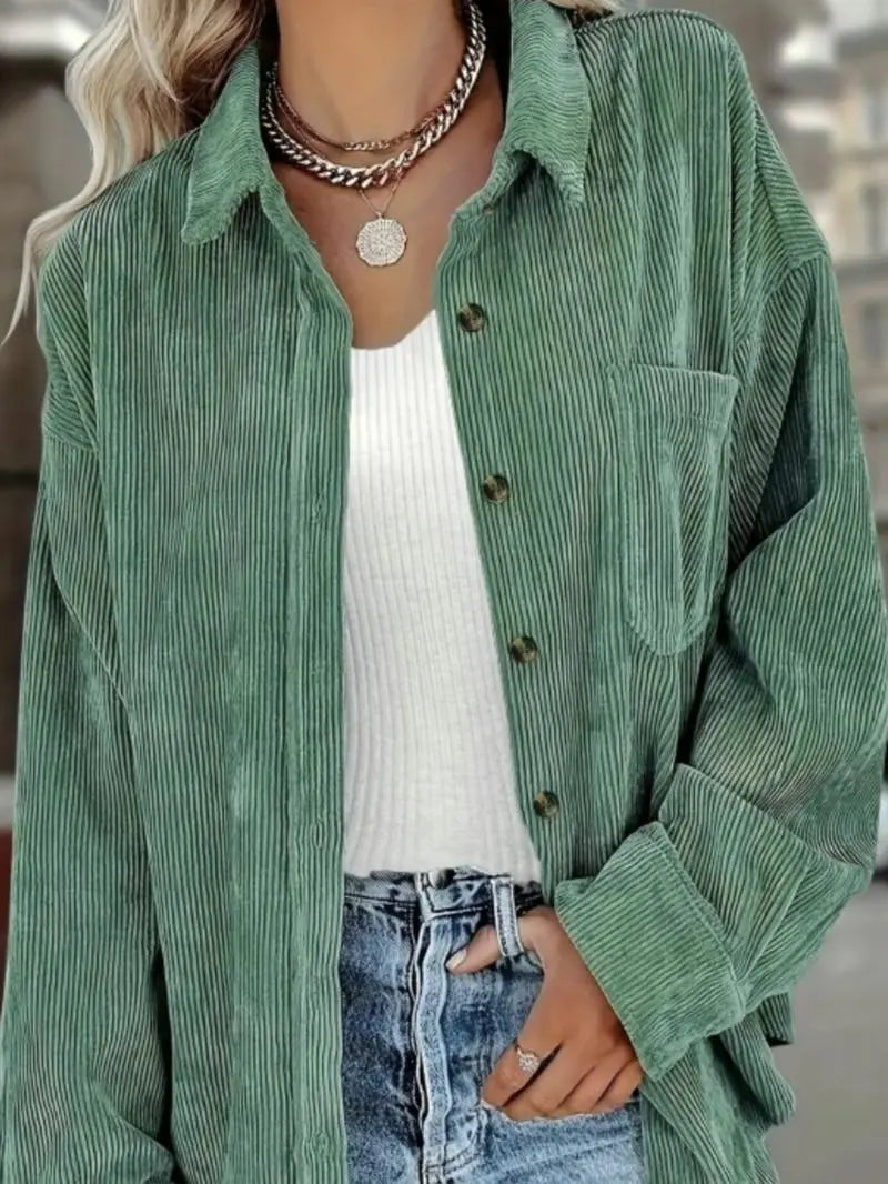 Plain Pocket Button Front Corduroy Shirt