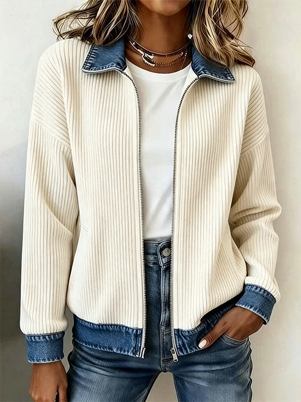 🎁Women's Casual Ribbed Knit Zip-Up Jacket with Contrast Denim Details
