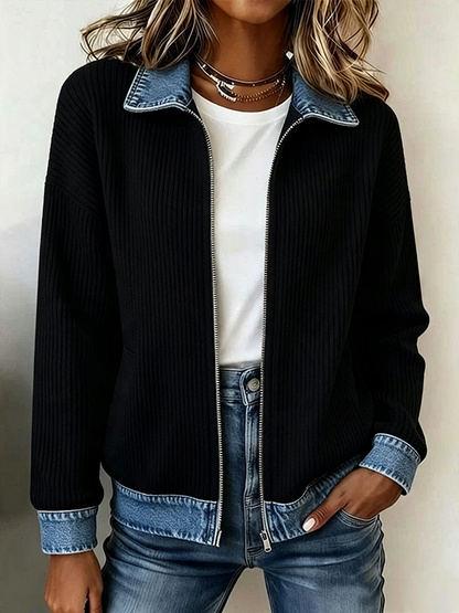 🎁Women's Casual Ribbed Knit Zip-Up Jacket with Contrast Denim Details