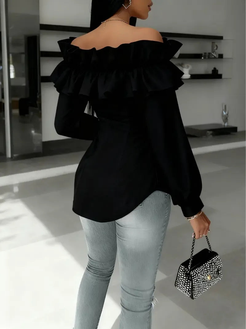 Women's Long Sleeve One Shoulder Ruffle Slim Fit Shirt Blouse