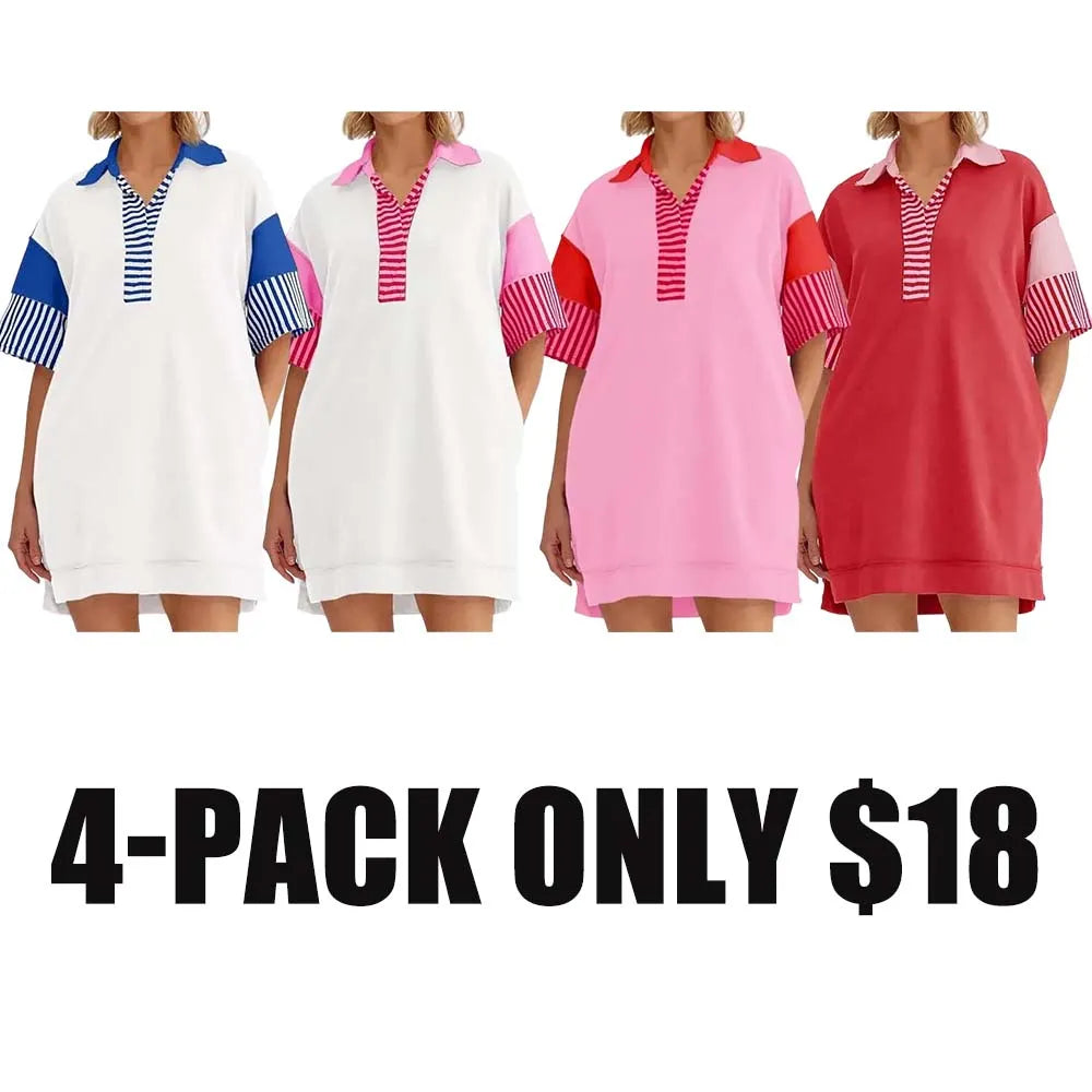 V Neck Summer Color Block Short Sleeve Mini Dress