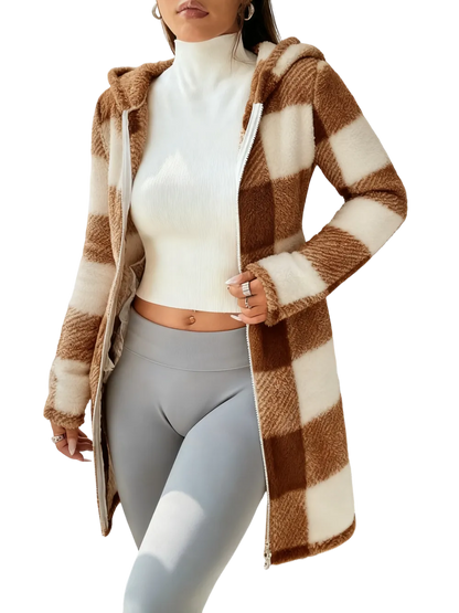Plaid Fleece Long Sleeve Hooded Coat