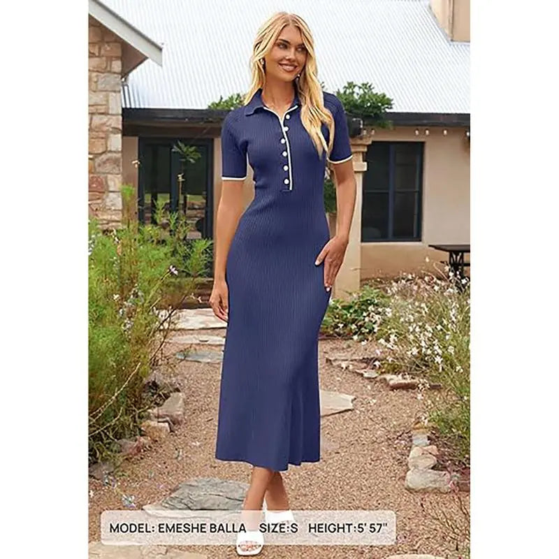Women's V Neck Ribbed Knit Maxi Dress