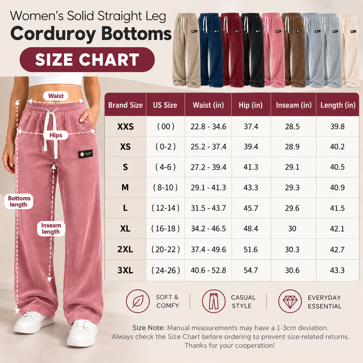 Women's Solid Straight Leg Corduroy Bottoms