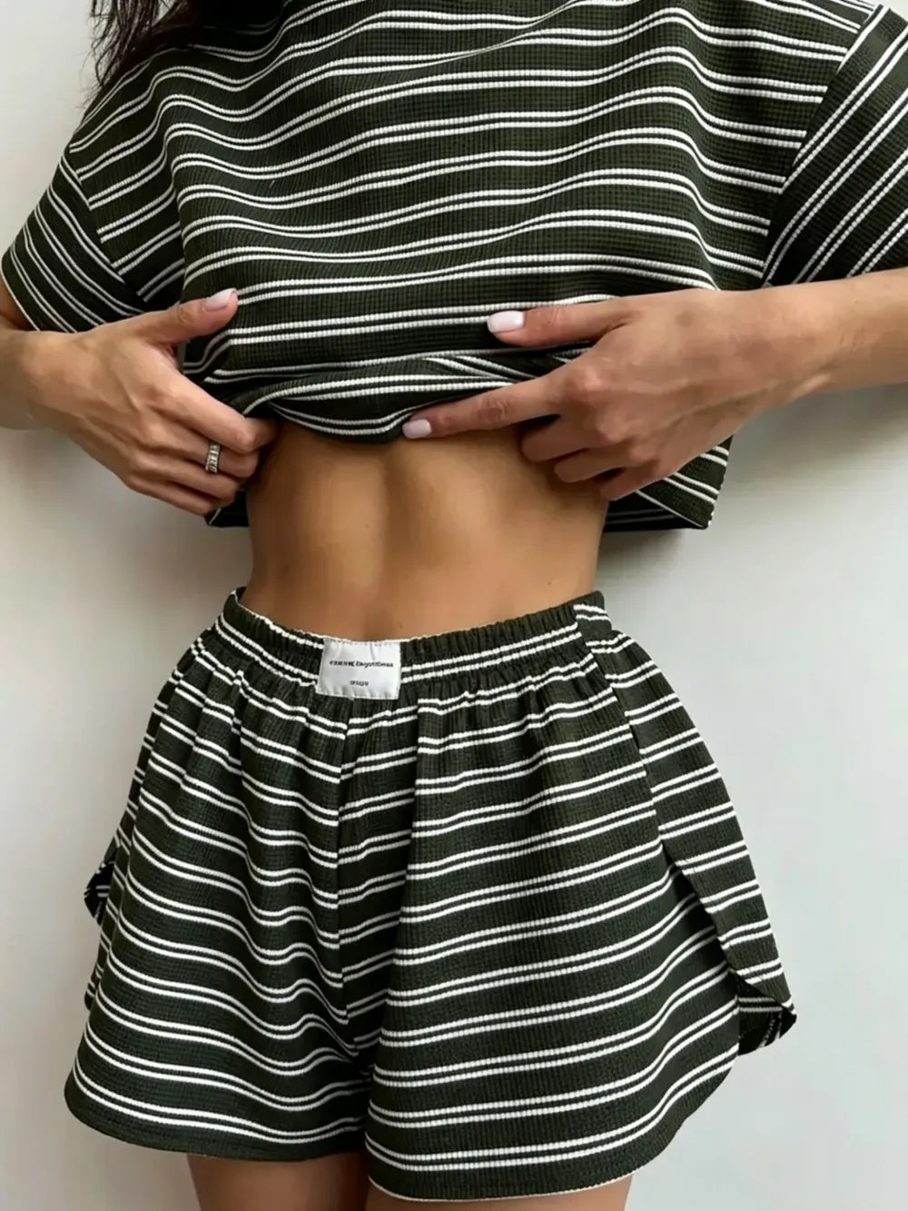 Women's Striped Print Drop Shoulder Tee & Wrap Split Shorts Pyjama Set