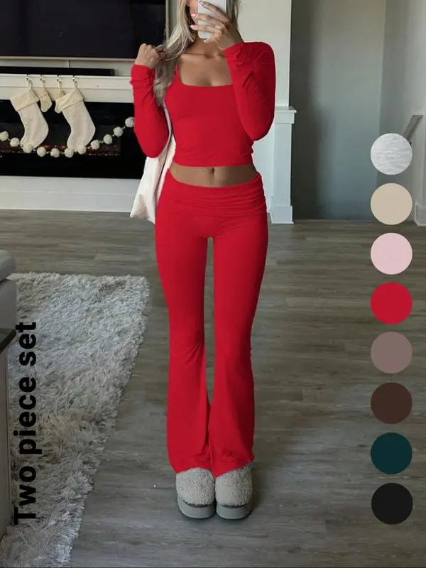 Solid Color Square Neck Crop Tee & Flare Leg Pants Two-Piece Set