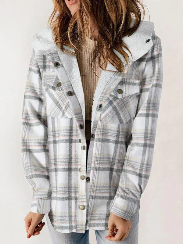 Women's Plaid / Houndstooth Print Button Front Hooded Coat