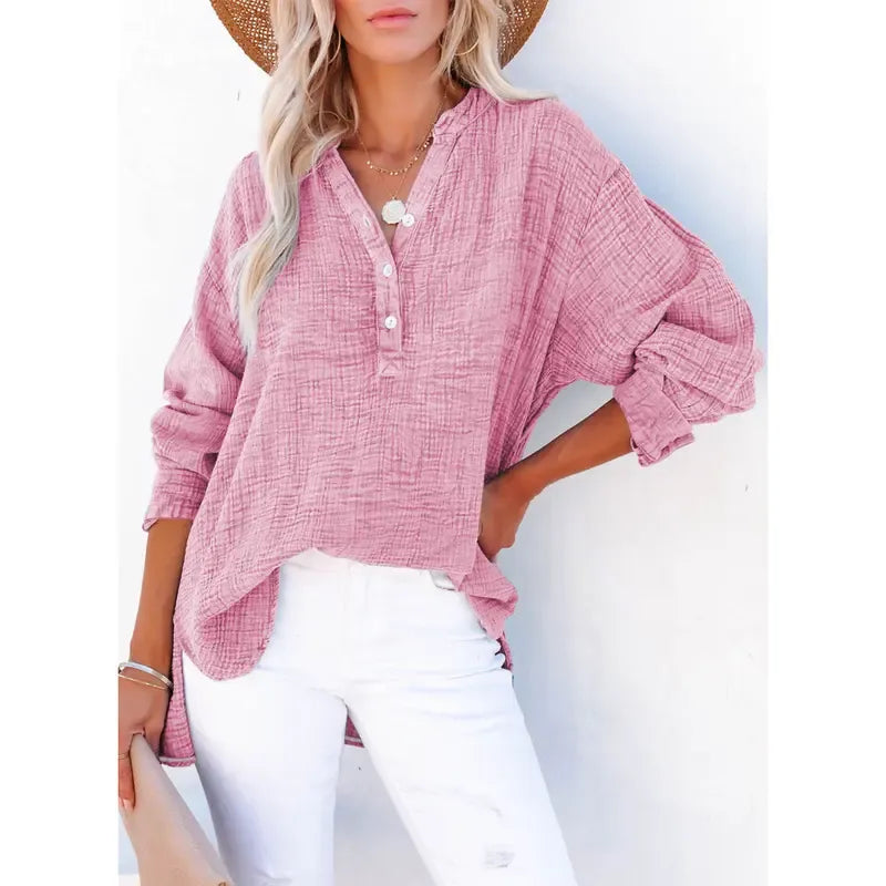 Women's Casual Button V Neck Long Sleeve Shirts