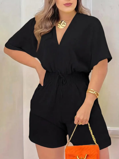 Women's Plain Drawstring Shirred Waist Fitted V Neck Romper