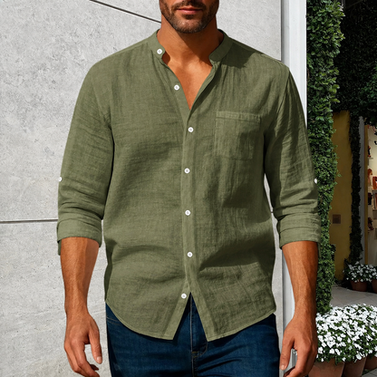 Men's Linen Stand Collar Shirt | Casual Long Sleeve Button-Up