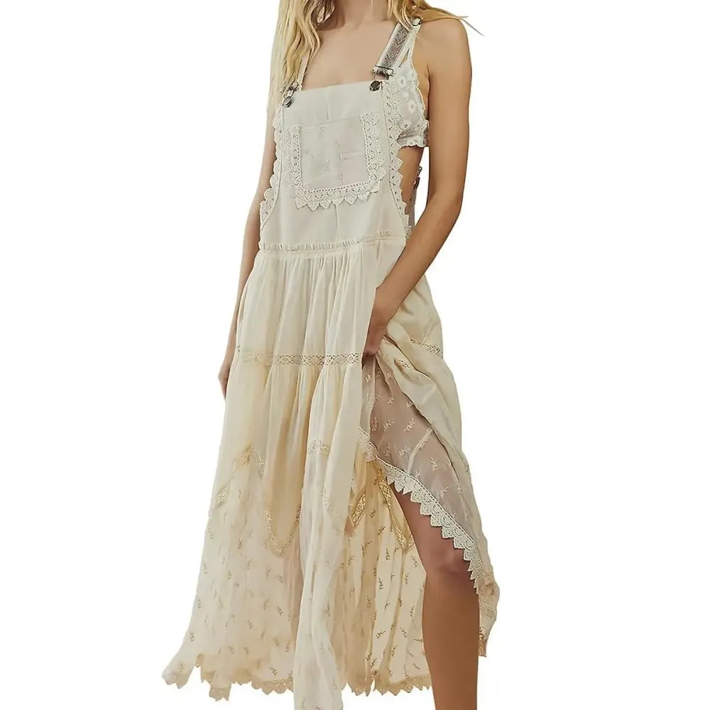 Women's Basic Minimalist Sleeveless Laced Embroidered Tulle Bib Dress