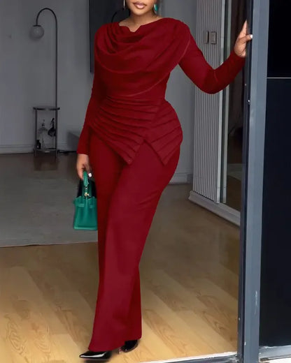 Cowl Neck Asymmetrical Patchwork Ruched Jumpsuit