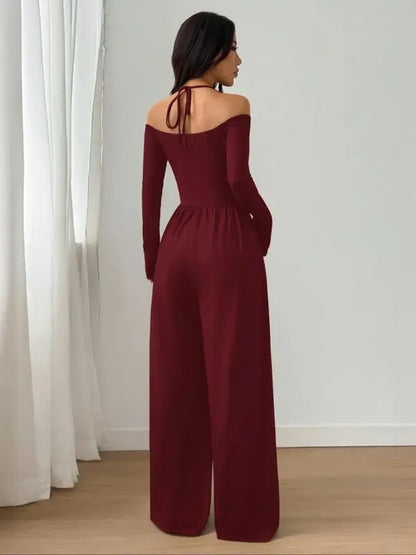 Women's Solid Color Off-Shoulder Ruched Wide Leg Casual Jumpsuit