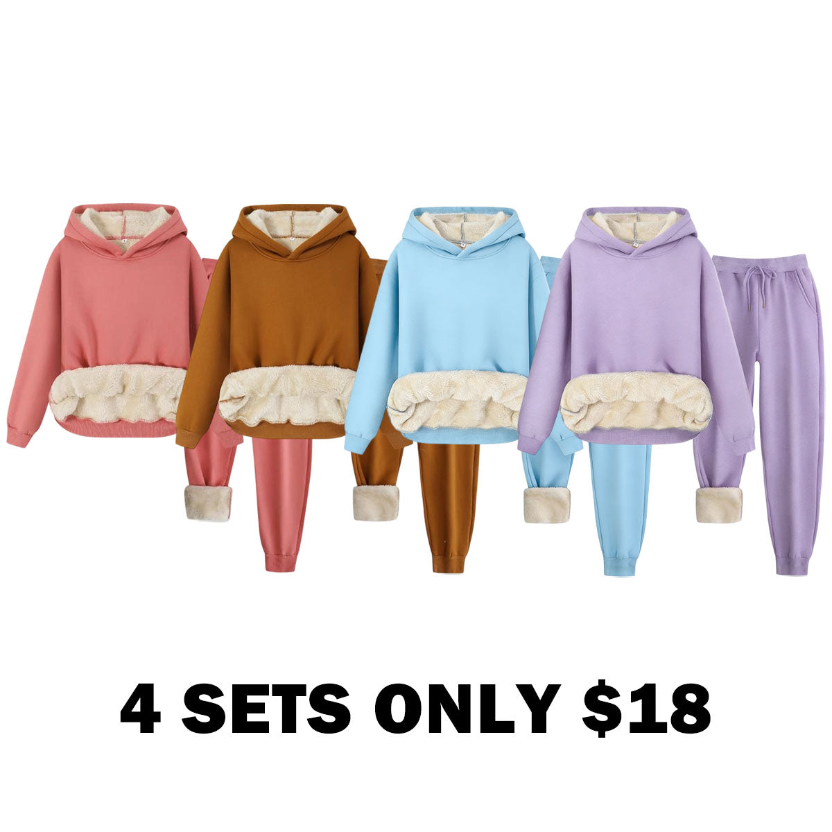 Women's Thermal Lined Solid Color Hoodie & Drawstring Waist Pants Two-piece Set