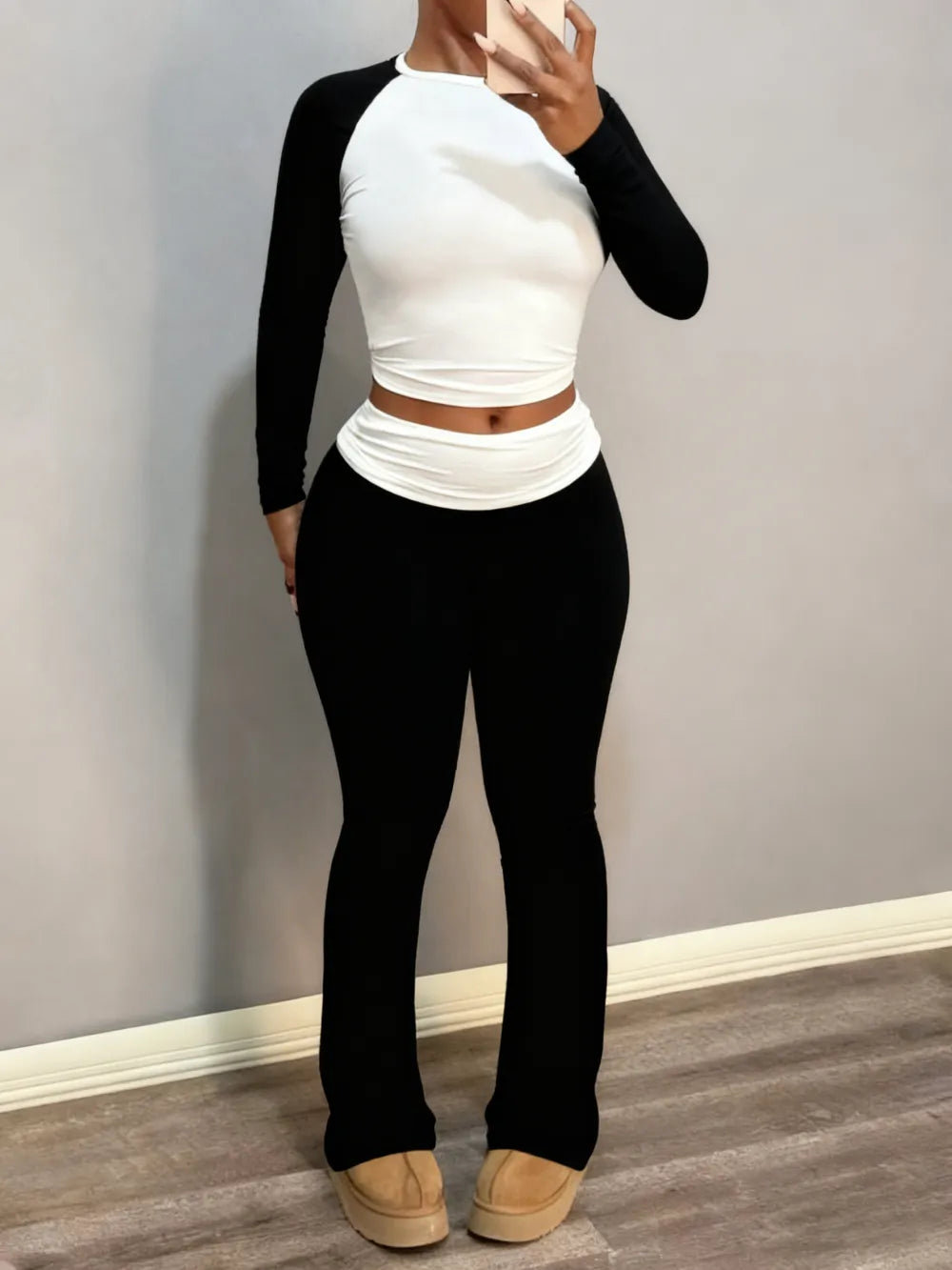 Round Neck Long Sleeve Color Block T-Shirt with Ruffled Flare Pants Set