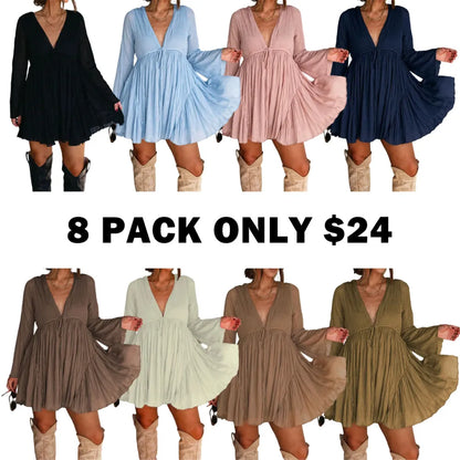 Women's V Neck Long Sleeve Dress with Pants Lining