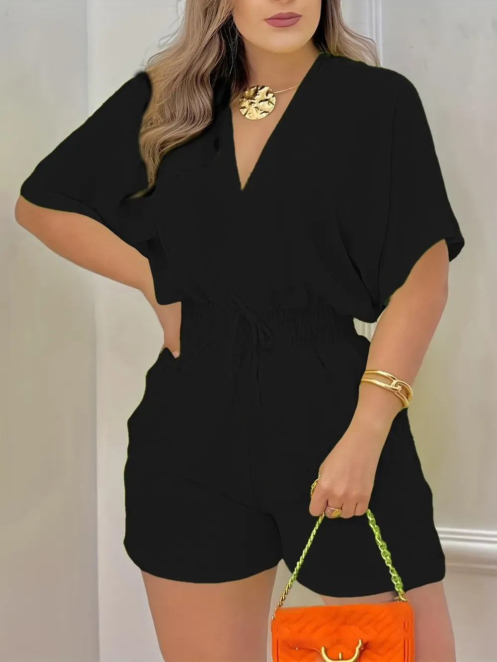 Women's Plain Drawstring Shirred Waist V Neck Romper