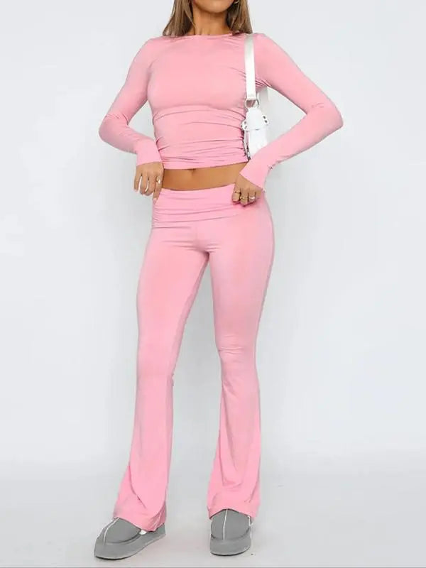 Women's Solid Long Sleeve Crop Tee & Flare Leg Skinny Pants Loungewear Set