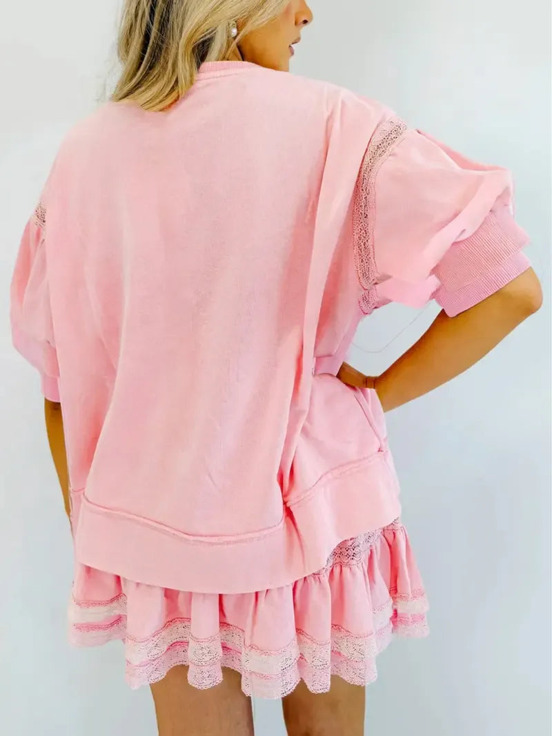 Women's 2 Piece Cotton Lace Trim Outfit Set