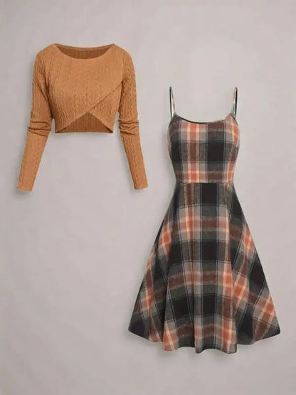 Women's Long Sleeve Crop Top & Plaid Print A-Line Dress Set