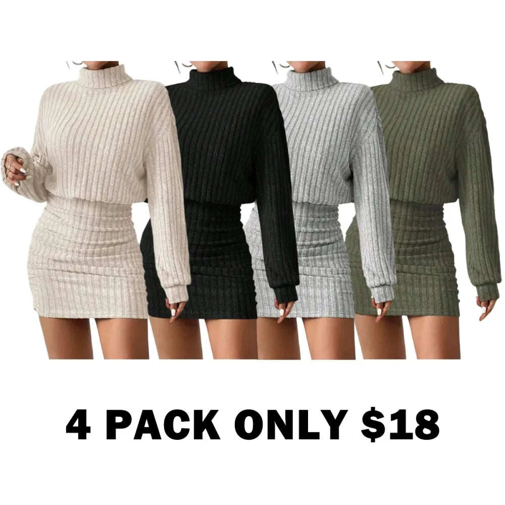 Women's Plain Drop Shoulder Turtleneck Ribbed Dress