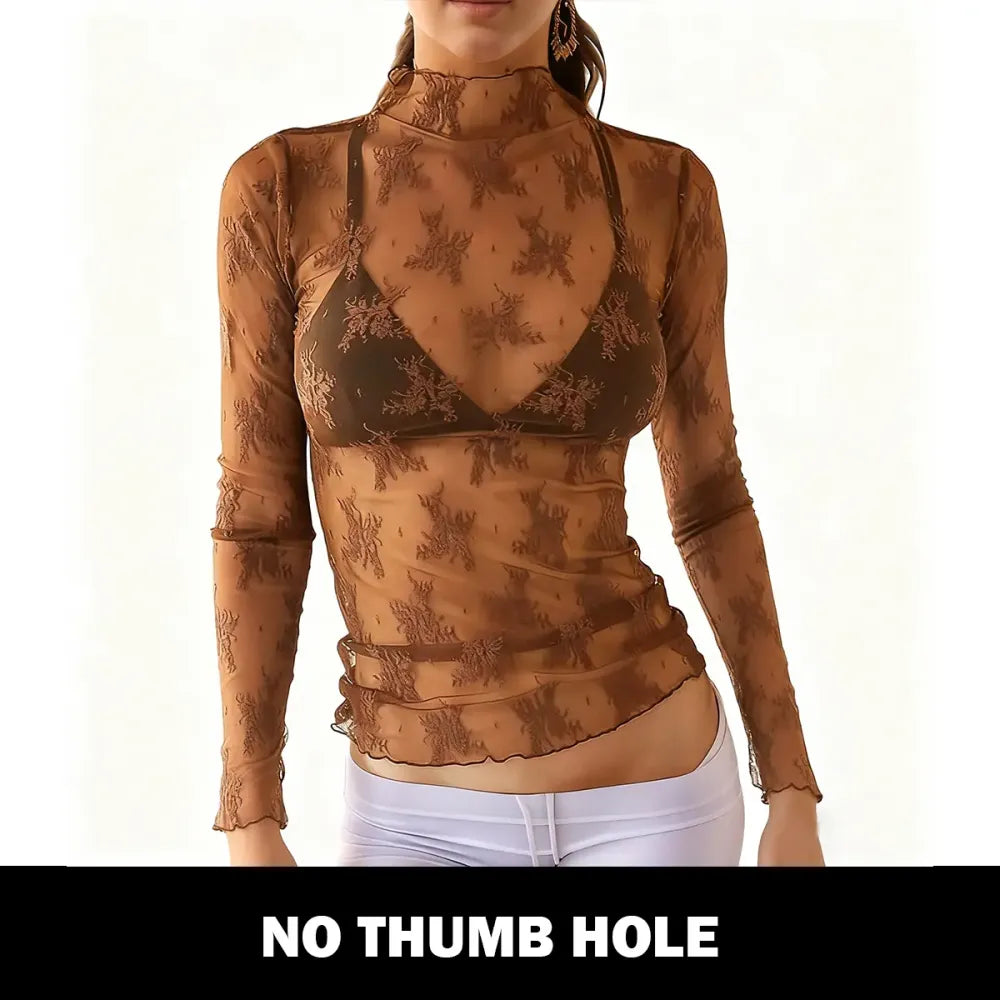 Women‘s Mesh Tops Lace Spring Long Sleeve Shirts