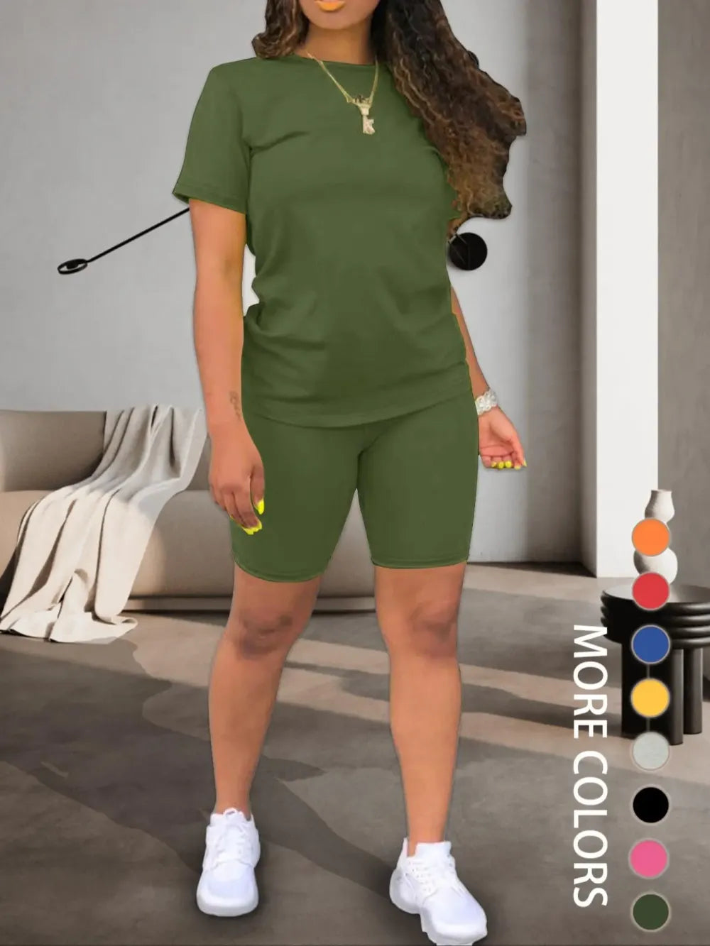 Two-piece Set Women's Fitted Plain Round Neck Tee & Skinny Shorts Set