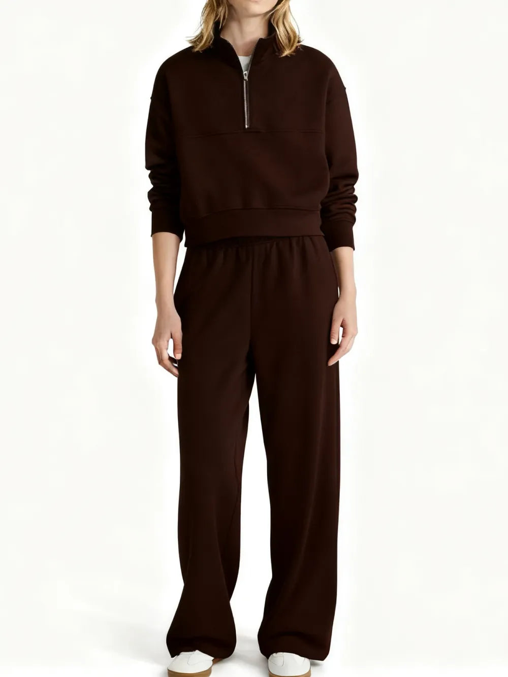Fleece Half Zip Pullover & Cargo Wide-Leg Pants 2-Piece Set