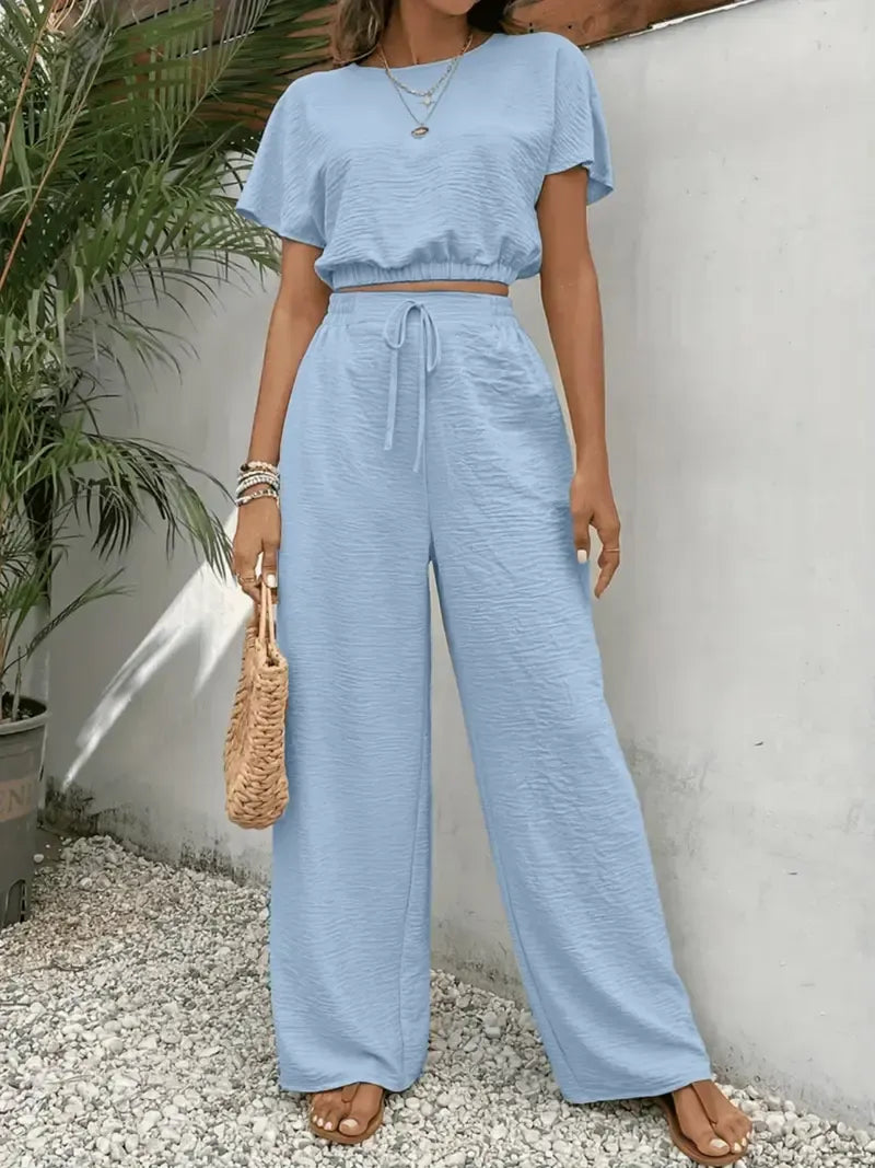 Women's Solid Color Fitted Top & Wide Leg Pants Two-piece Set