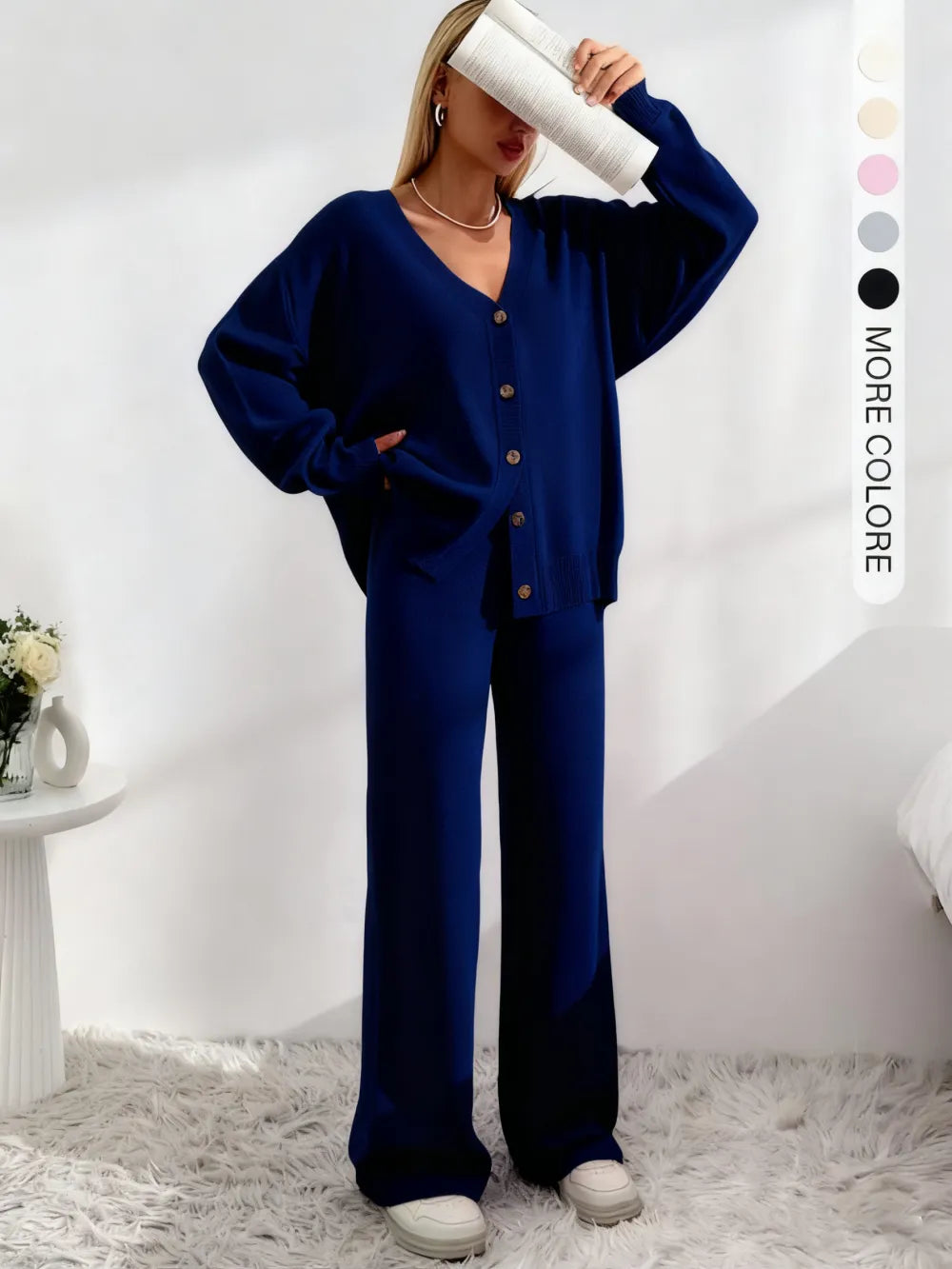 Women's Solid V Neck Cardigan & Elastic Waist Wide Leg Pants Two-piece Set