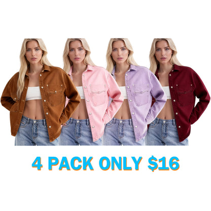 Women's Plain Button Front Drop Shoulder Curved Hem Denim Jacket