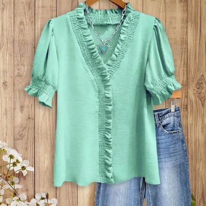 Ruffle Trim V - Neck Blouse