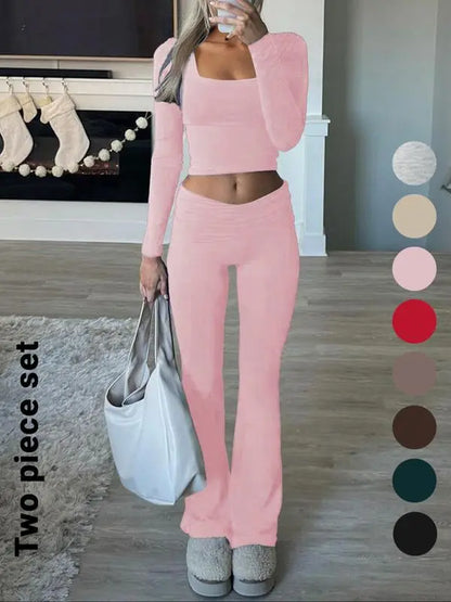 Solid Color Square Neck Crop Tee & Flare Leg Pants Two-Piece Set
