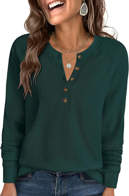 Women's Waffle Knit Henley Top Long Sleeve Shirts