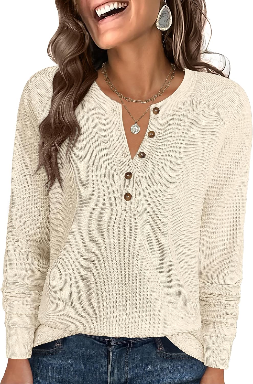 Women's Waffle Knit Henley Top Long Sleeve Shirts