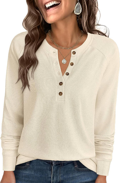 Women's Waffle Knit Henley Top Long Sleeve Shirts