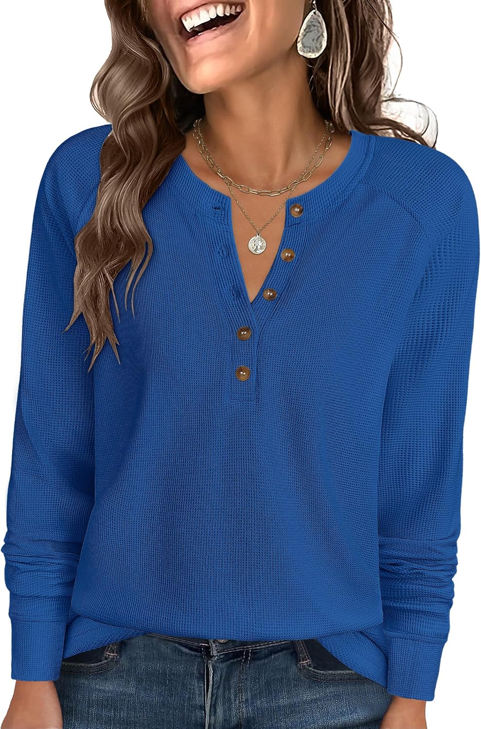 Women's Waffle Knit Henley Top Long Sleeve Shirts
