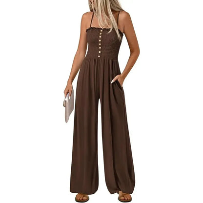 Jumpsuits for Women Summer Sleeveless Smocked Button Wide Leg Rompers
