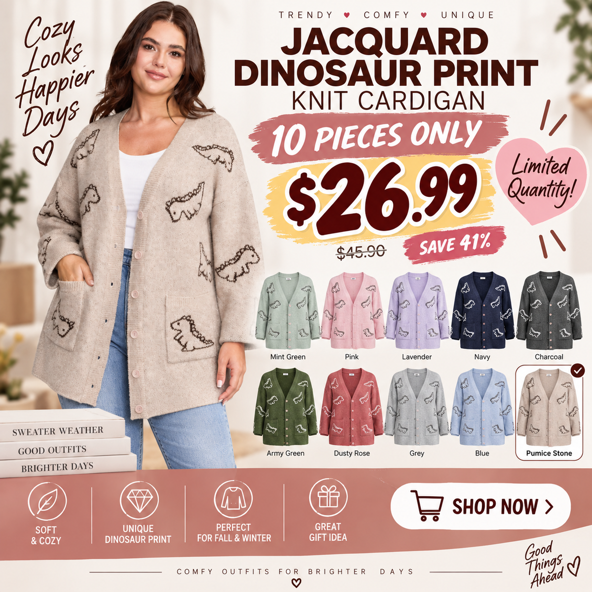 Jacquard Dinosaur Print Knit Cardigan