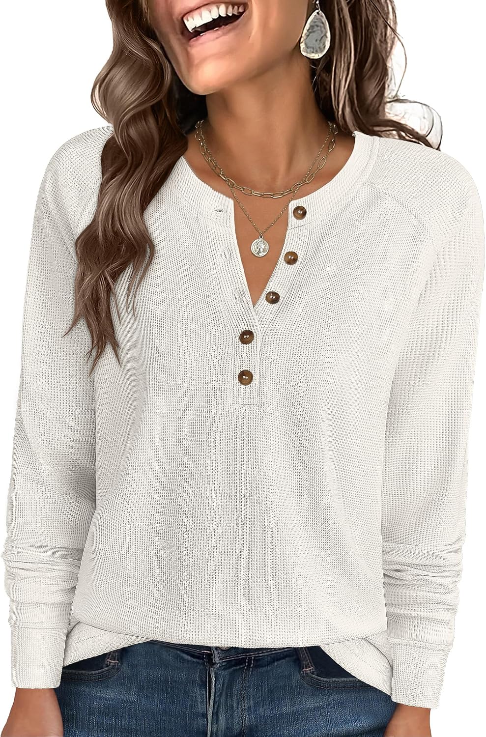 Women's Waffle Knit Henley Top Long Sleeve Shirts