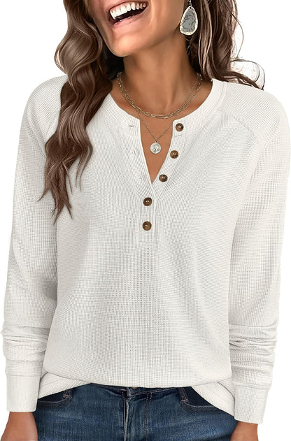 Women's Waffle Knit Henley Top Long Sleeve Shirts