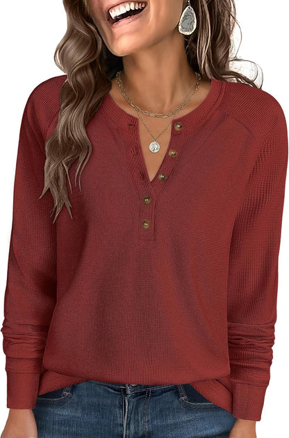 Women's Waffle Knit Henley Top Long Sleeve Shirts