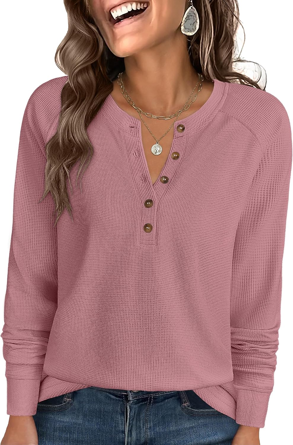 Women's Waffle Knit Henley Top Long Sleeve Shirts