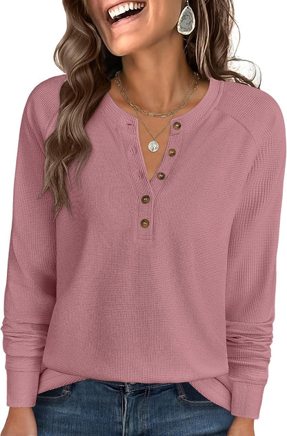Women's Waffle Knit Henley Top Long Sleeve Shirts