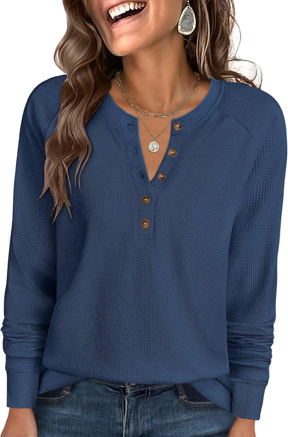 Women's Waffle Knit Henley Top Long Sleeve Shirts