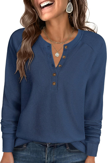 Women's Waffle Knit Henley Top Long Sleeve Shirts