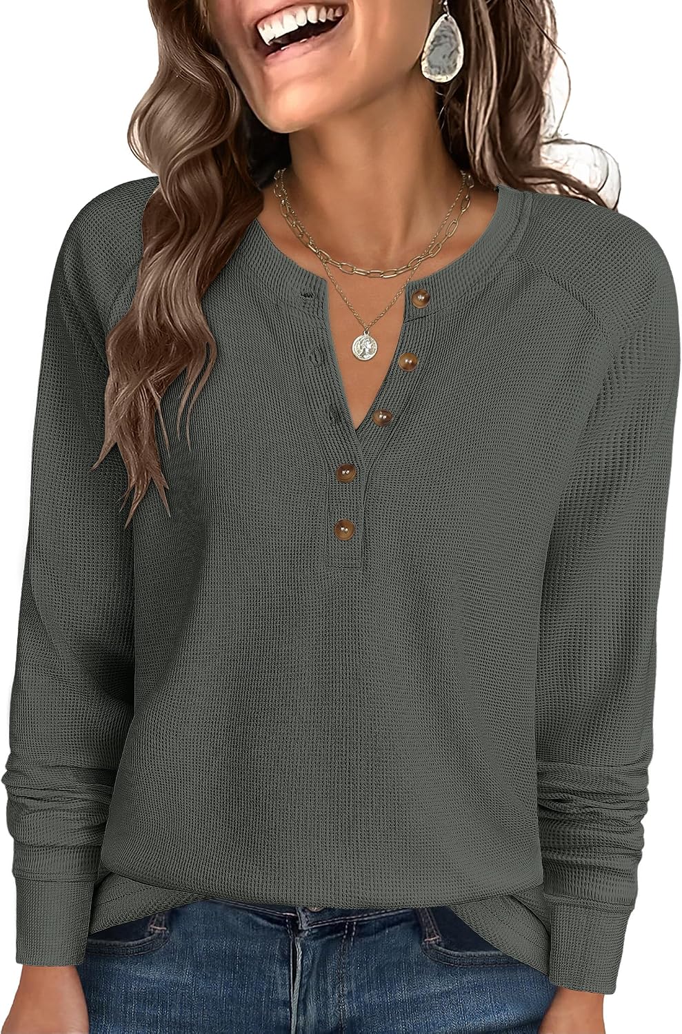 Women's Waffle Knit Henley Top Long Sleeve Shirts