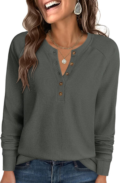 Women's Waffle Knit Henley Top Long Sleeve Shirts