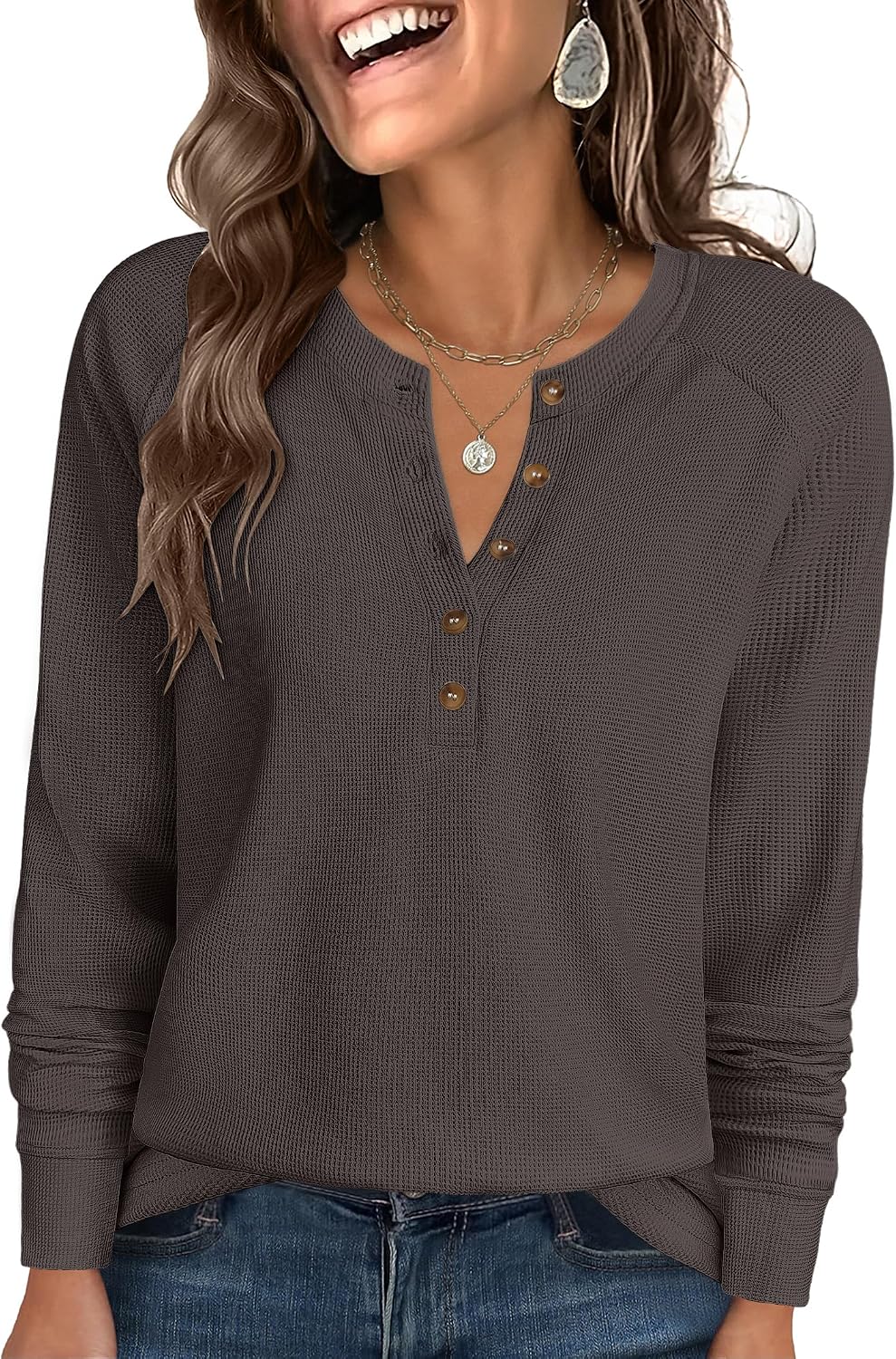 Women's Waffle Knit Henley Top Long Sleeve Shirts