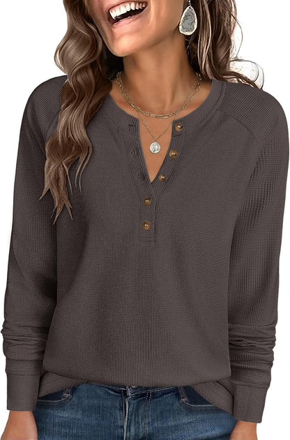 Women's Waffle Knit Henley Top Long Sleeve Shirts